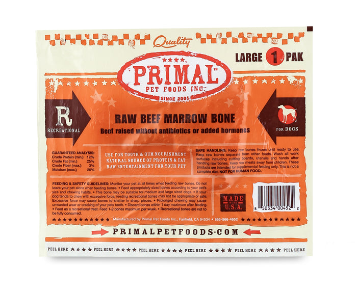 Primal Raw Recreational Bones for Dogs & Cats - 1-Pack Large Beef Marrow