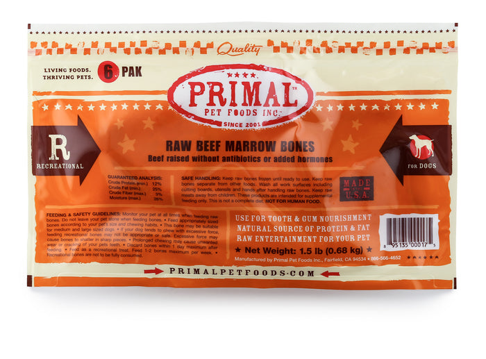 Primal Raw Recreational Bones for Dogs & Cats - 6-Pack Small Beef Marrow