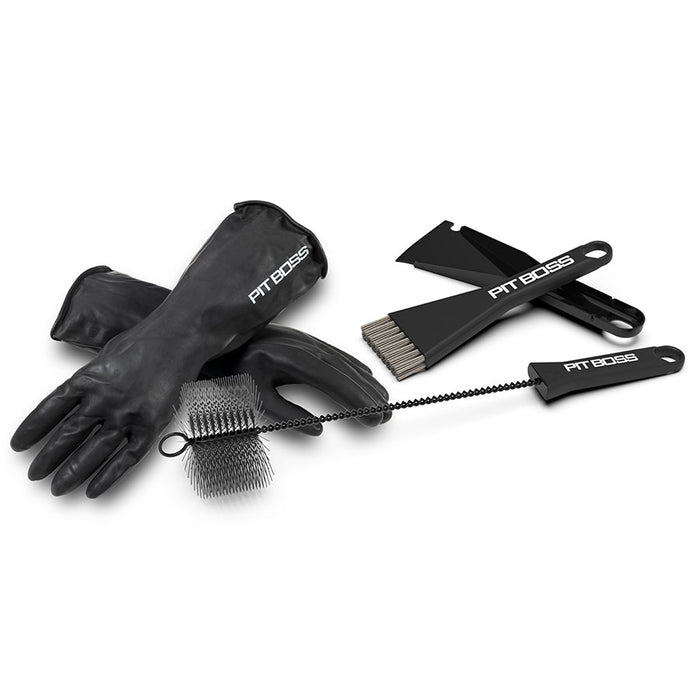 "Protect Your Pit Bundle by Pit Boss Grills: Includes black grill cleaning brush, chain brush, and heat-resistant gloves."