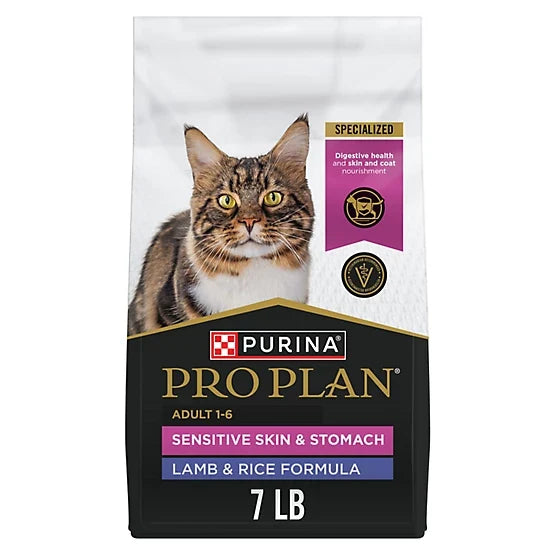 Purina Pro Plan Adult Indoor/Outdoor Sensitive Skin and Stomach Lamb and Rice Formula Dry Cat Food, 7lb