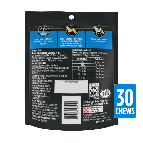 Purina Pro Plan Veterinary Supplements Skin Care Dog Supplements With Omega-3 Fish Oil and EPA and DHA - 30 ct. Pouch