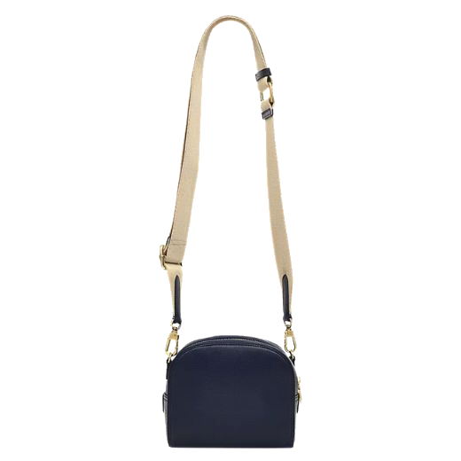 Radley's Arden Crescent Ink Leather Cross Body Bag has an ecru canvas strap with a chunky adjustable buckle.