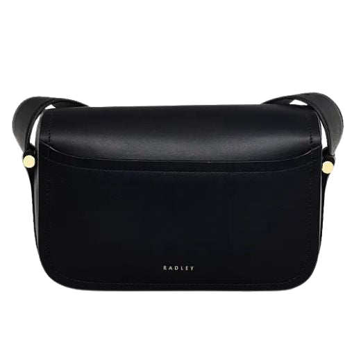 The Radley brand name is on the back of the Bathurst Mews Black Medium Flapover Cross Body Bag, embossed in gold foil.
