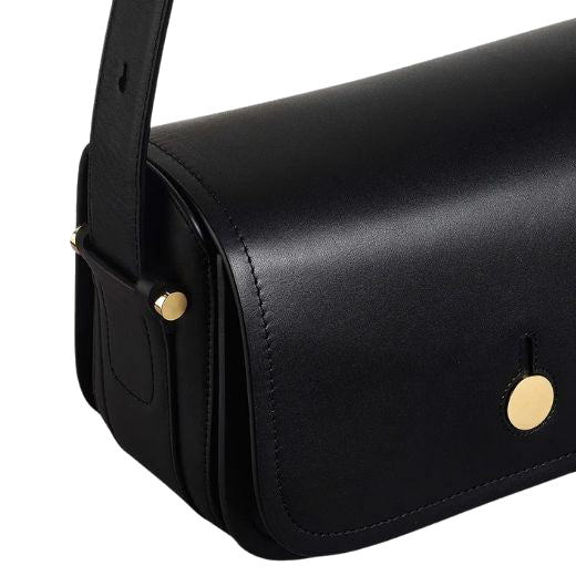 The Bathurst Mews Black Medium Flapover Cross Body Bag features polished gold hardware.