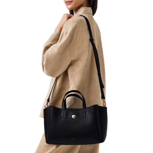 The Bathurst Mews Black Medium Ziptop Grab Bag includes a padded and adjustable cross body strap.