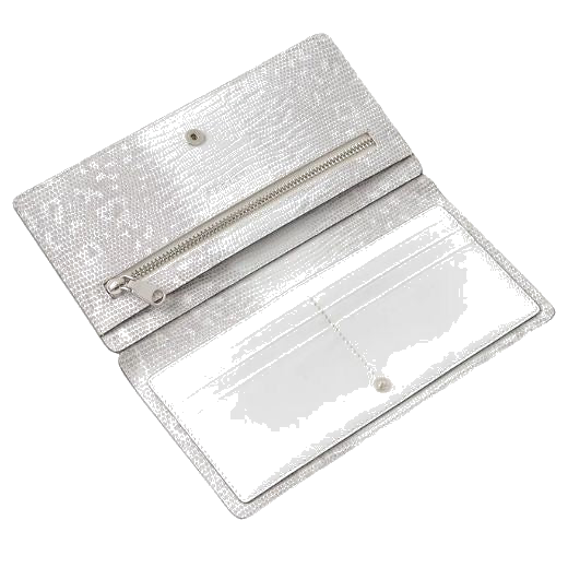 The interior of the Coin Street Faux Lizard Large Bifold Purse in Bright White features 6 card slots, a zipped coin pocket, an interior notes pocket, and press stud fastening.