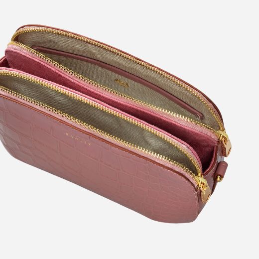 Inside the Dukes Place French Rose Faux Croc Medium Zip Top Cross Body Bag.