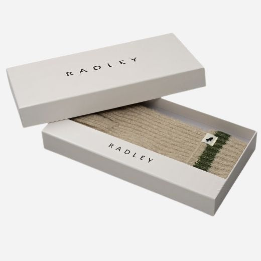 Gift box for the Knitters Lane Oatmeal Marl Gloves with Contrasting Stripe.