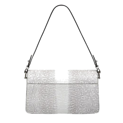 The back of the Leather Lane Bright White Faux Lizard Medium Flapover Shoulder Bag features a slip pocket.