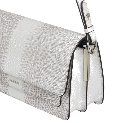 The Radley logo can be found on the front of the Leather Lane Bright White Faux Lizard Medium Flapover Shoulder Bag in silver lettering.