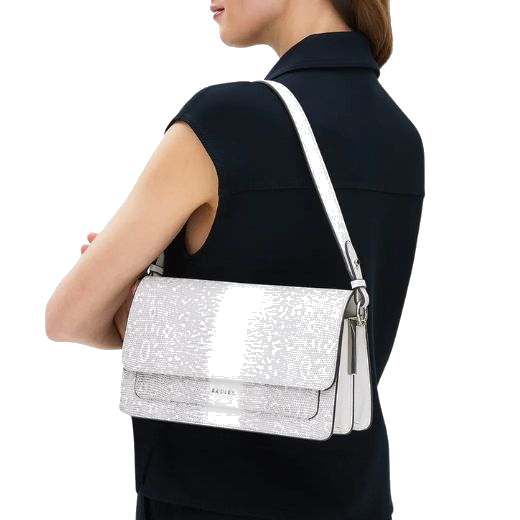 The Leather Lane Bright White Faux Lizard Medium Flapover Shoulder Bag is functional, versatile, and stylish.