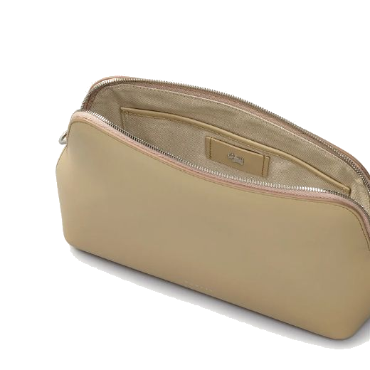The inside compartment of the Liverpool Street Stone Leather Cross Body Bag features a beige, faux suede lining, and a slip pocket on one side.
