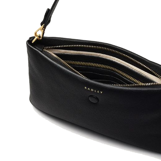 This Mallow Street Black Leather Large Zip-Top Wristlet by Radley has the brand name on the front in foil embossing.