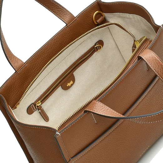 The inside of the Radley Oak Street Saddle Leather Medium Zip-Top Grab Bag has a beige polyester lining with a zipped pocket inside the spacious main compartment.
