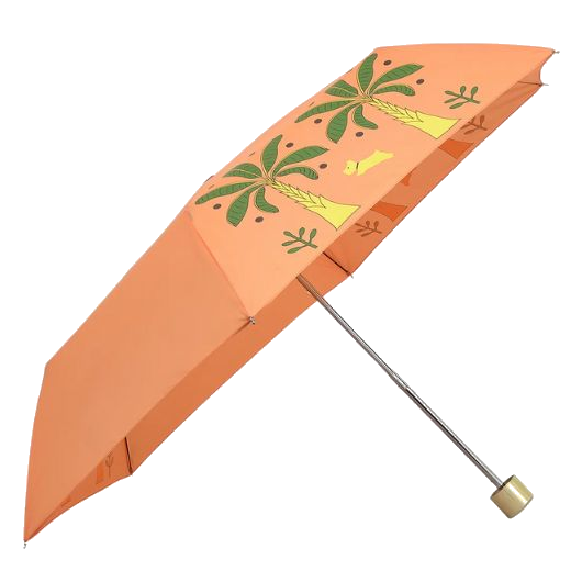 The Radley brand name is found engraved on the base of the Paradise Palms Peach Cobbler Responsible Handbag Umbrella gold grab handle.