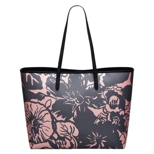 The Southwell Gardens Black Floral Large Open Top Tote Bag has an oversized black and pink floral print.
