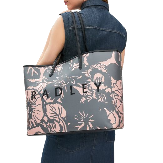 The Radley logo is featured in raised rubberised lettering on the front of the Southwell Gardens Black Floral Large Open Top Tote Bag.