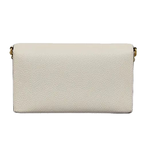 The Rathbone Chalk Wallet on a Chain is made from grained leather.