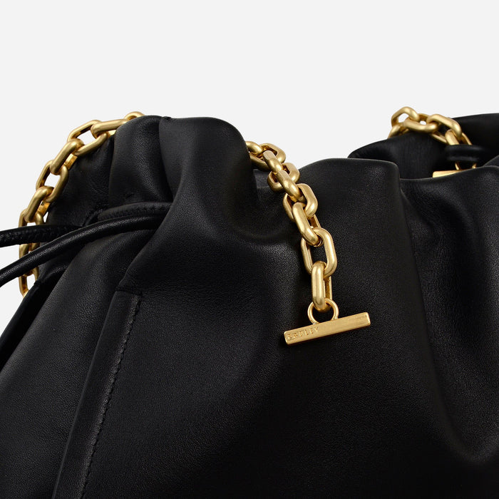 The detachable chain strap on the Radley The Roxburgh Black Leather Small Chain Clutch Bag.