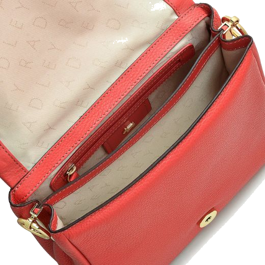 There is a top handle on this Radley Weston Street Red Small Flapover Cross Body Bag and a detachable cross body strap.