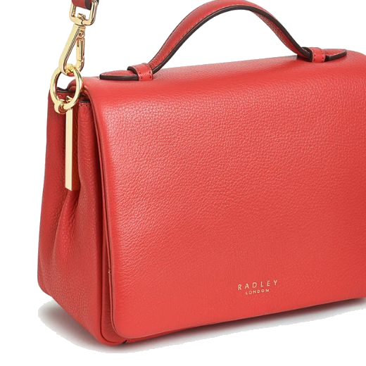 This Weston Street Red Small Flapover Cross Body Bag by Radley has a detachable strap with gold trims that match the gold foil embossed brand name.
