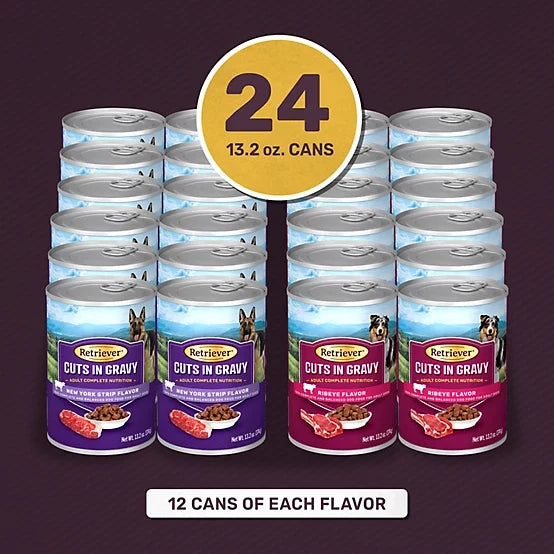 Retriever Adult New York Strip/Ribeye Cuts in Gravy Wet Dog Food Variety Pack, 13.2 oz., Pack of 24 Cans