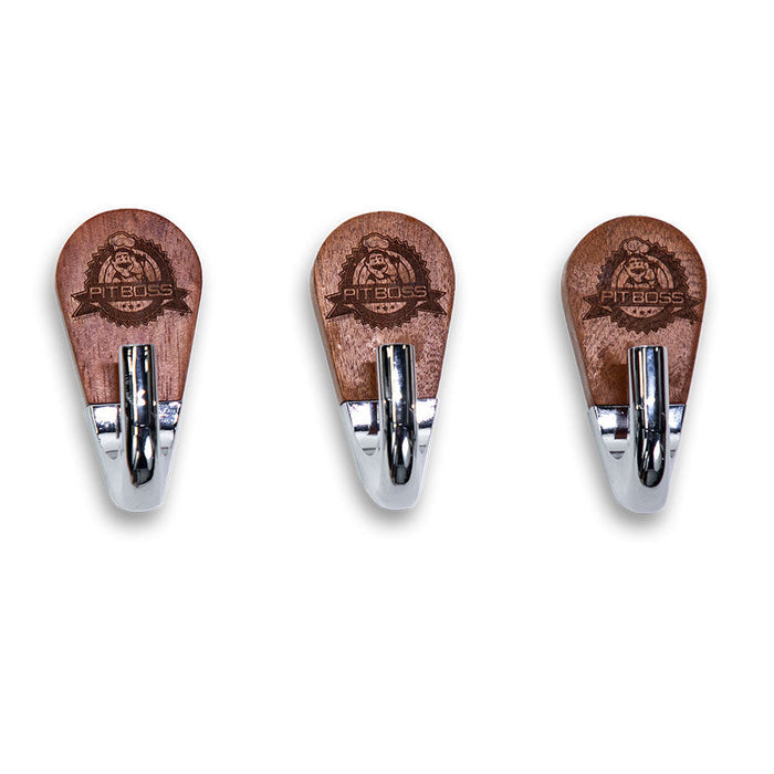 Brown wood body with engraved pit boss logo and metal hook bottoms