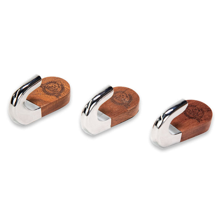 lifestyle_1, Brown wood body with engraved pit boss logo and metal hook bottoms. Side view
