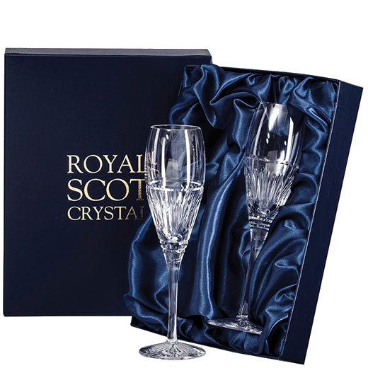 These Royal Scot Crystal Art Deco 2 x 18cl Champagne Flutes will be presented inside a luxury satin-lined gift box.
