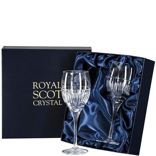 These Art Deco 2 x 33cl Large Wine Glasses will be presented inside a satin-lined Royal Scot Crystal gift box.