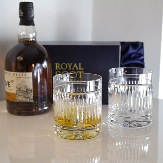 These Royal Scot Crystal Art Deco 2 x 38cl Large 'On the Rocks' Tumblers are handwash only.