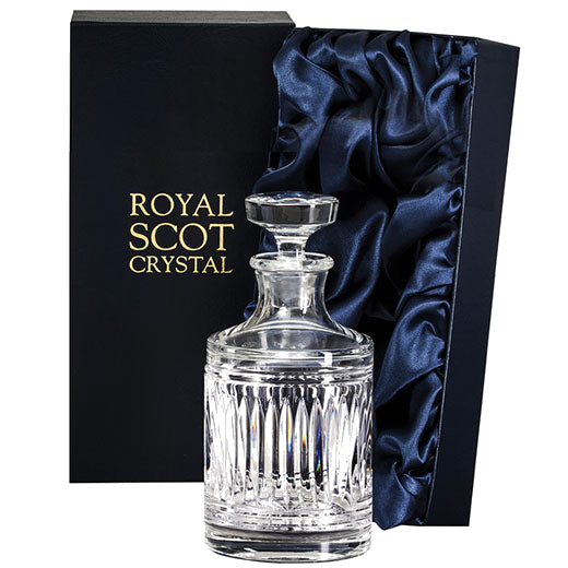 This Royal Scot Crystal Art Deco 50cl Round Spirit Decanter will be presented inside a satin-lined gift box.