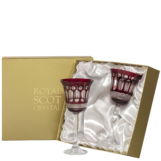 These Royal Scot Crystal Belgravia 2 x 25cl Ruby Red Large Wine Glasses will be presented inside a gold and ivory satin gift box.