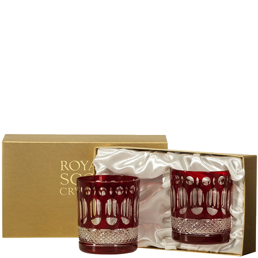 These Belgravia 2 x 33l Ruby Red Large Tumblers will be presented inside a gold Royal Scot Crystal gift box on the day of purchase.