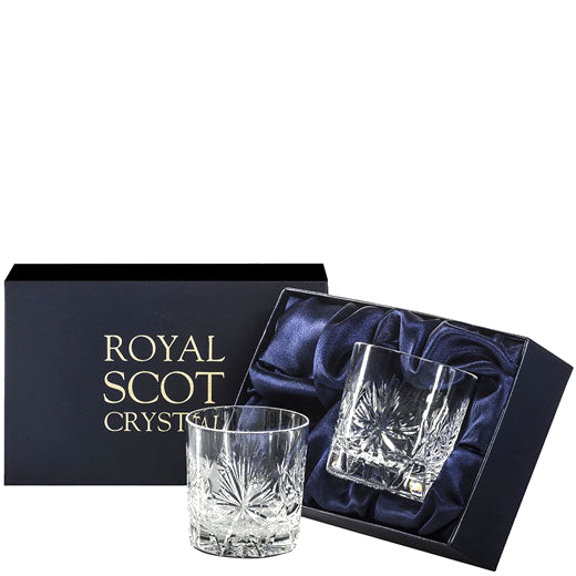 These Royal Scot Crystal Edinburgh Star 2 x 26cl Whisky Tumblers will be presented inside a midnight blue gift box.