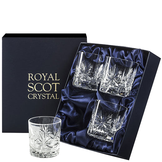 These Royal Scot Crystal Edinburgh Star 4 x 26cl Whisky Tumblers will be presented inside a satin-lined gift box.