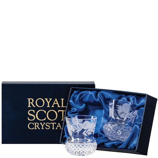 These Flower of Scotland 2 x 6cl Thistle Shape Tot Glasses will be presented inside a Royal Scot Crystal branded gift box.