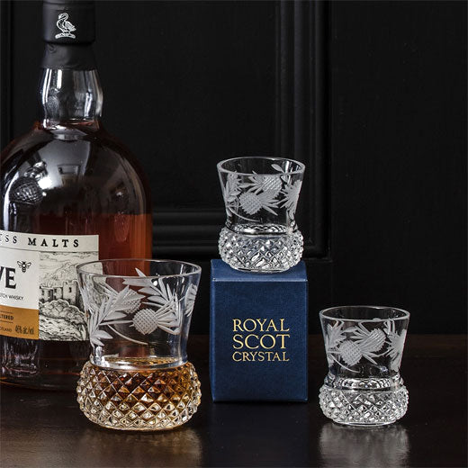 These Royal Scot Crystal Flower of Scotland 2 x 6cl Thistle Shape Tot Glasses are perfect for a shot of whisky.