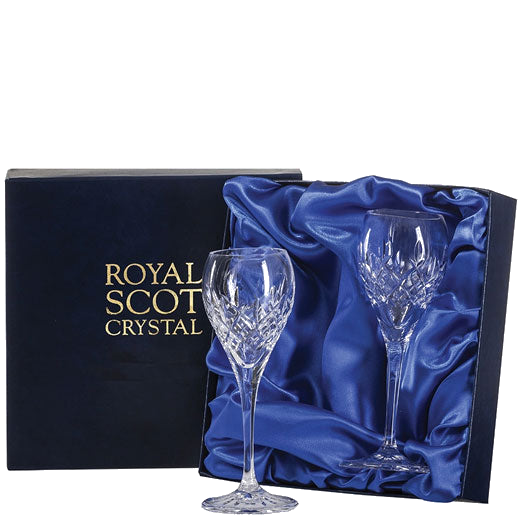 These London 2 x 11cl Port/Sherry Glasses will be presented inside a satin-lined Royal Scot Crystal presentation box.