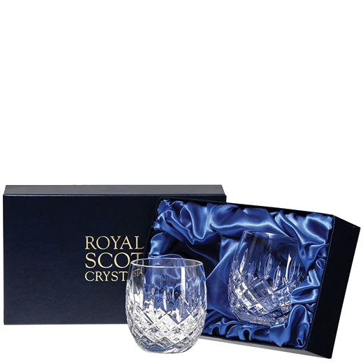 These Royal Scot Crystal London 2 x 25cl Barrel Tumblers will be presented inside a blue stain-lined gift box.