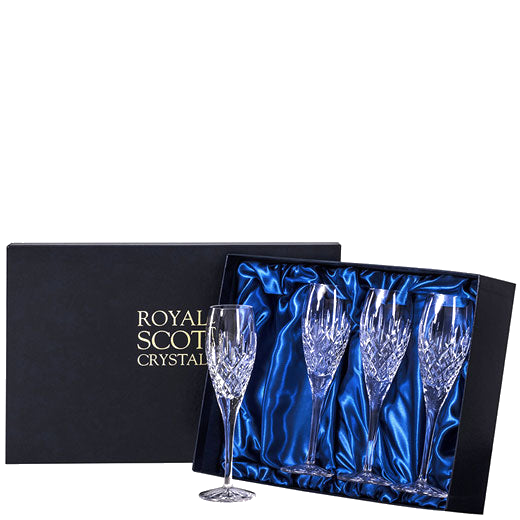 These Royal Scot Crystal London 4 x 18cl Champagne Flutes will be presented inside a luxury satin-lined gift box.