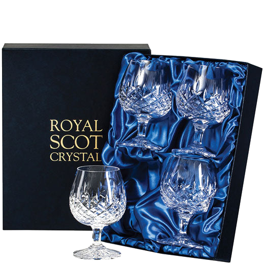 These London 4 x 32cl Brandy Glasses will be presented inside a Royal Scot Crystal satin-lined gift box.