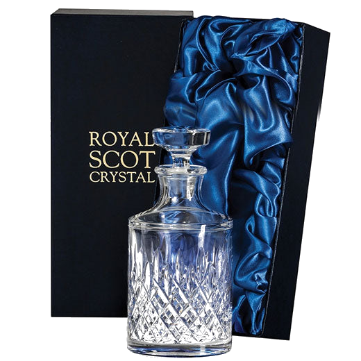 This Royal Scot Crystal London 50cl Round Spirit Decanter will be presented inside a blue gift box.