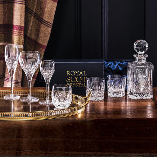 These Royal Scot Crystal Scottish Thistle 2 x 26cl Whisky Tumblers will be presented inside a satin-lined gift box.