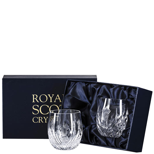 These Royal Scot Crystal Scottish Thistle 2 x 25cl Barrel Tumblers will be presented inside a satin-lined gift box.