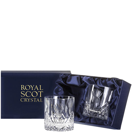 These Royal Scot Crystal Scottish Thistle 2 x 38cl Large 'On the Rocks' Tumblers will be presented inside a satin-lined gift box.