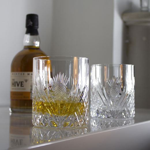 These Royal Scot Crystal Scottish Thistle 2 x 38cl Large 'On the Rocks' Tumblers are perfect for whisky.