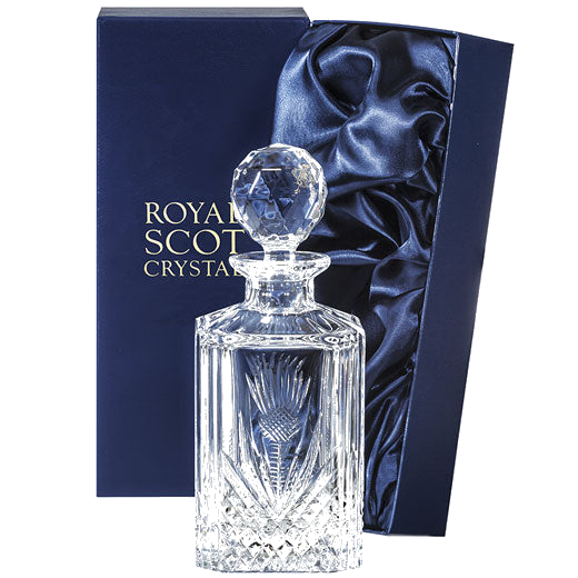 This Scottish Thistle 80cl Square Spirit Decanter will be presented inside a Royal Scot Crystal gift box.