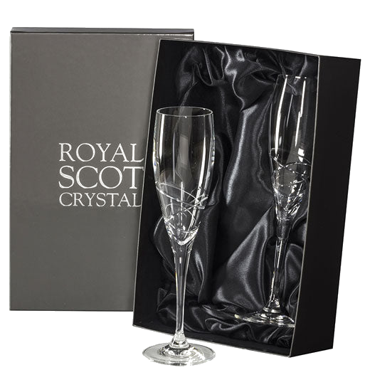 These Royal Scot Crystal Skye 2 x 25cl Champagne Flutes will be presented inside a charcoal gift box.