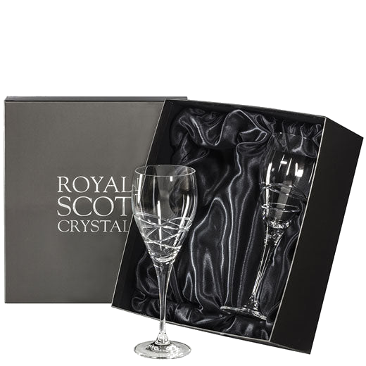 These Skye 2 x 40cl Large Wine Glasses will be presented inside a charcoal Royal Scot Crystal gift box.